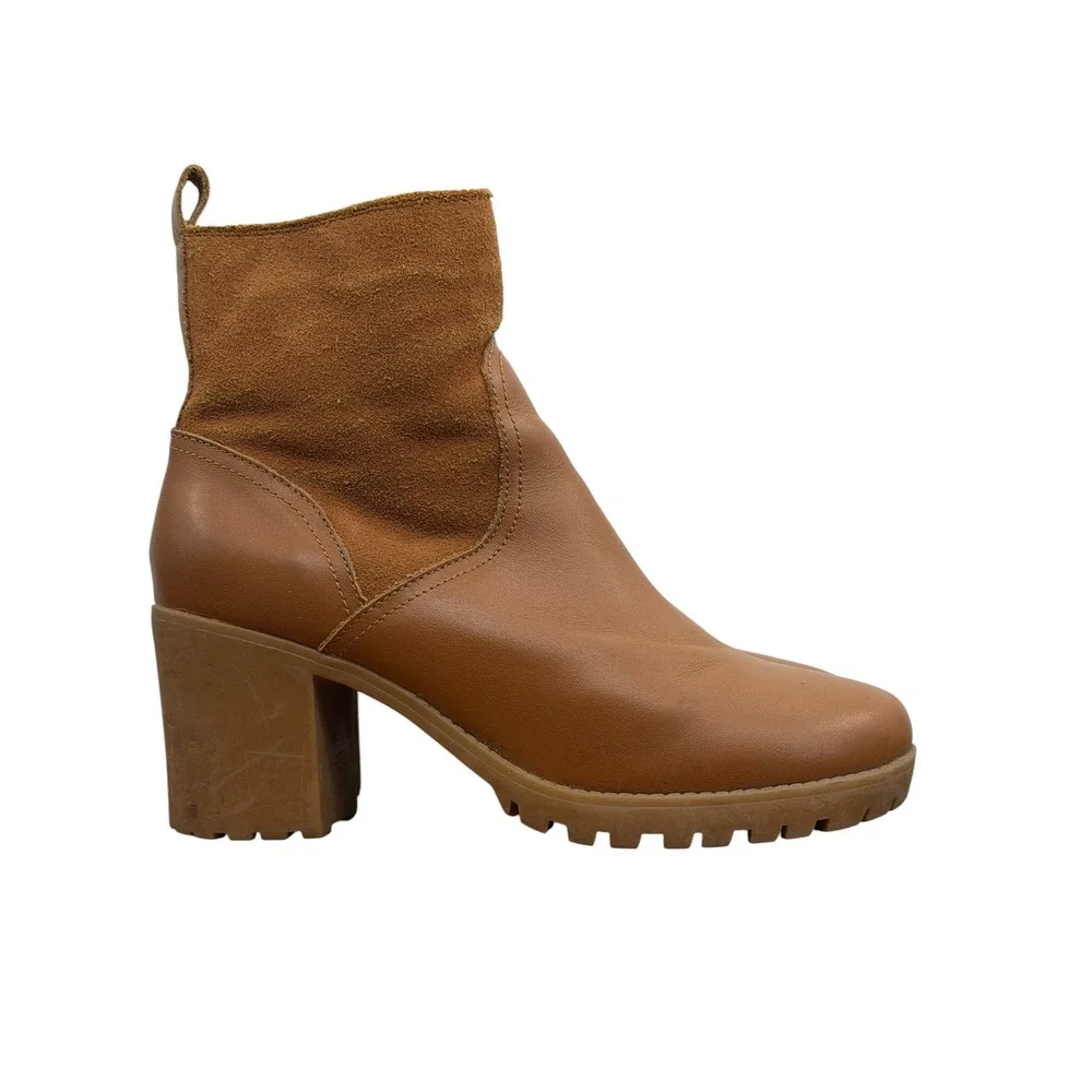 Soludos Dani Shearling Ankle Boots Womens 9 Tan Leather Block Heel Fall Comfort